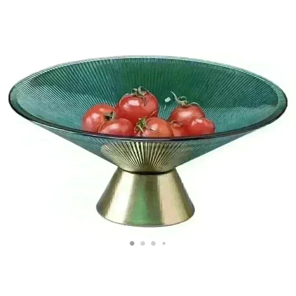 Teal Glass Fruit Bowl Gold Base Tall Candy Fruit Tray 10" Diameter 4.5" Tall - Picture 1 of 7
